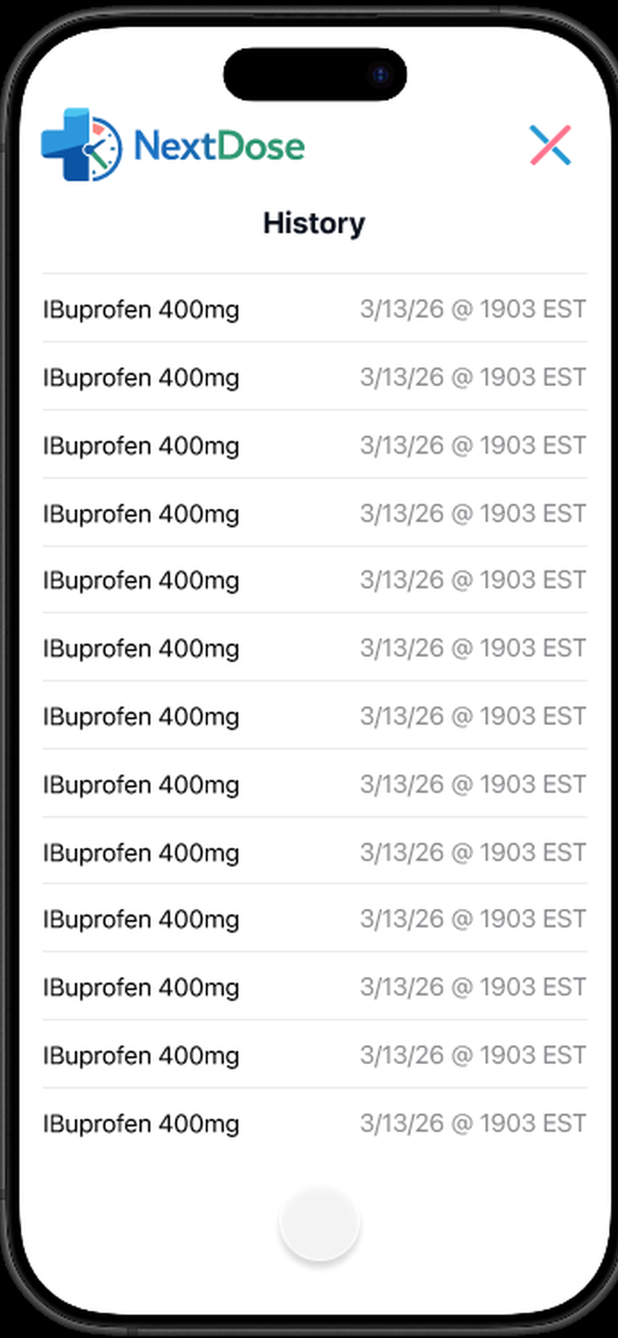 NextDose history screen
