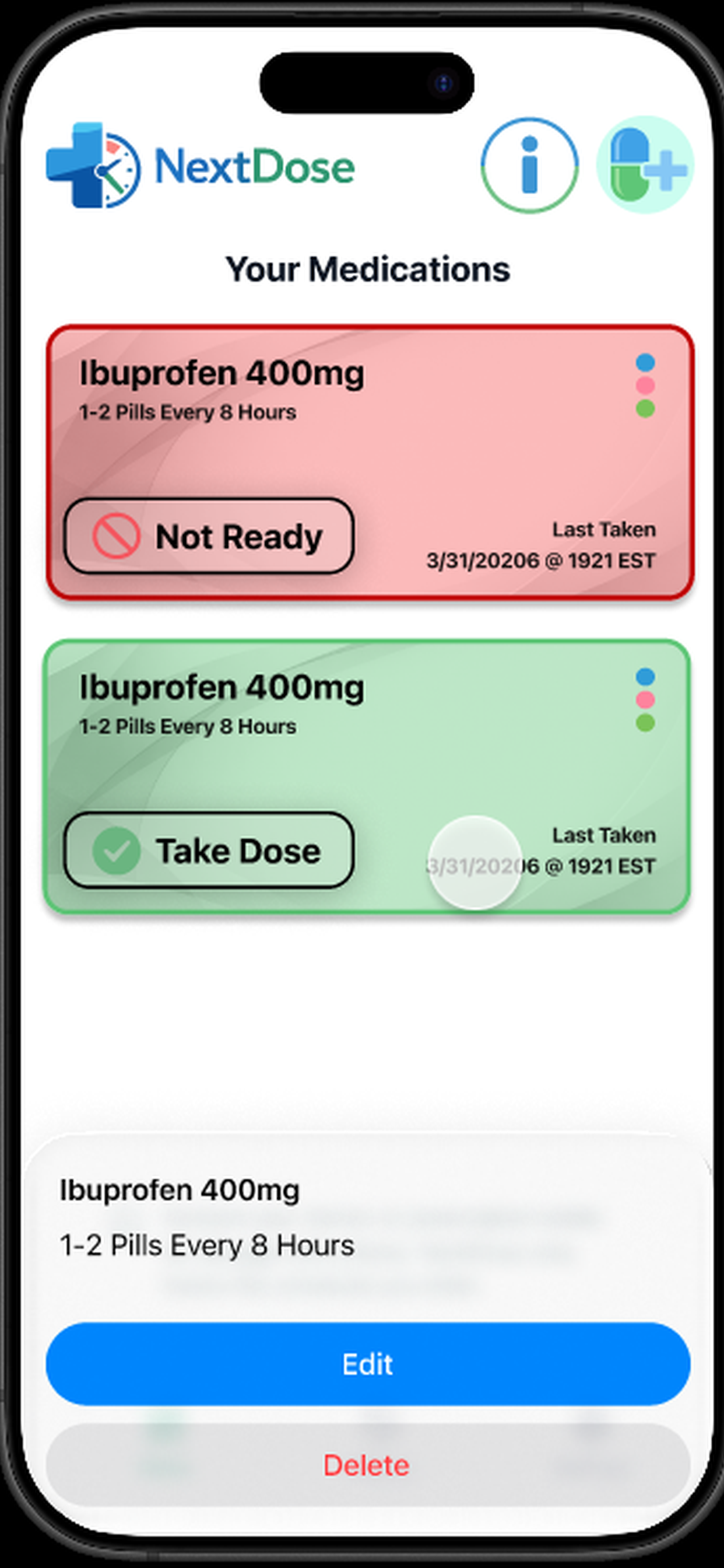 NextDose medication setup screen