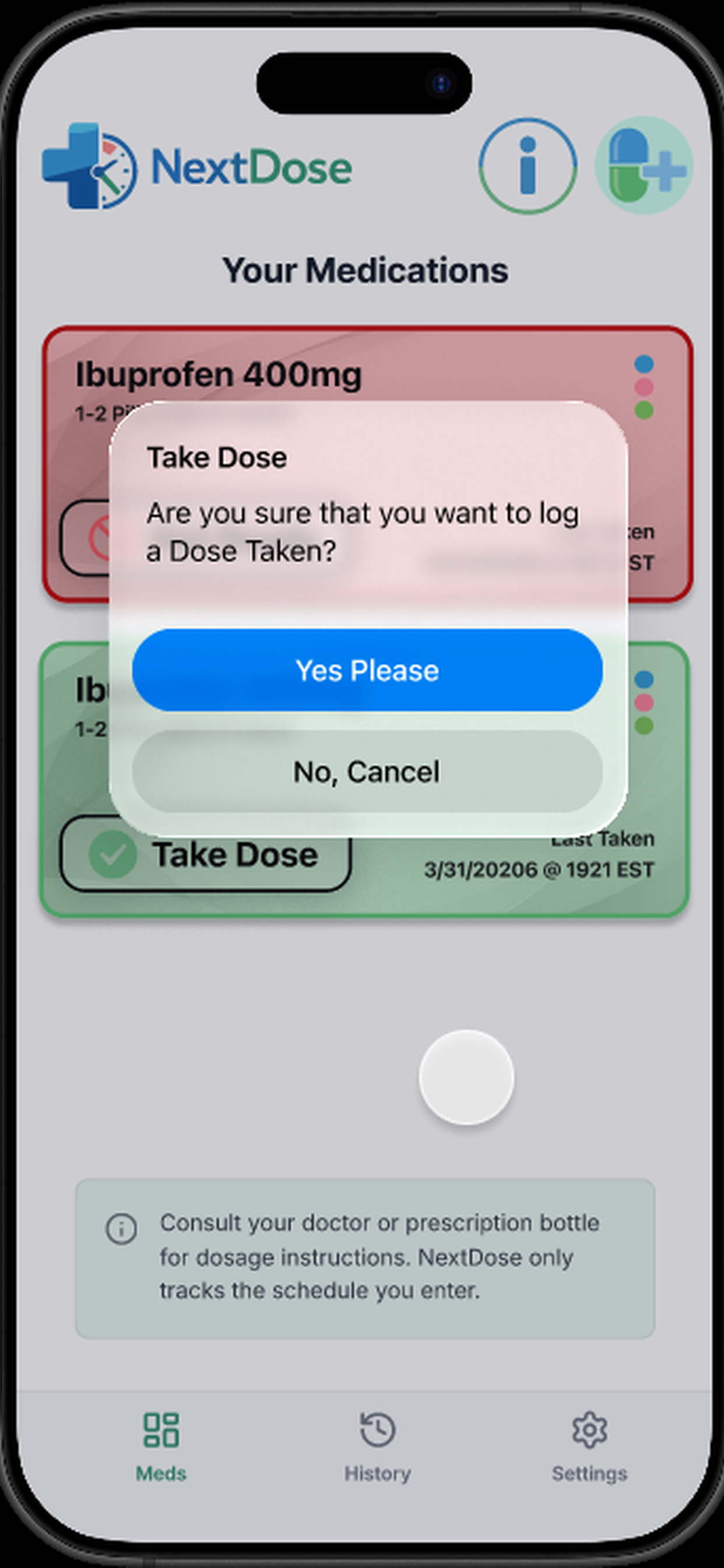 NextDose dose logging screen